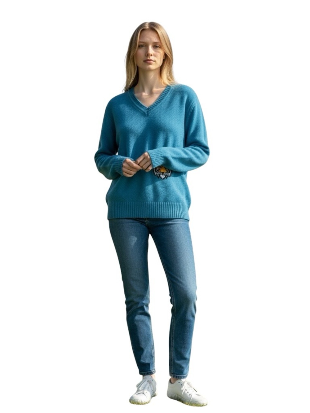 Valentino Jeans Vintage Virgin Wool V Neck Sweater Blue Tiger Patch Women’s XL